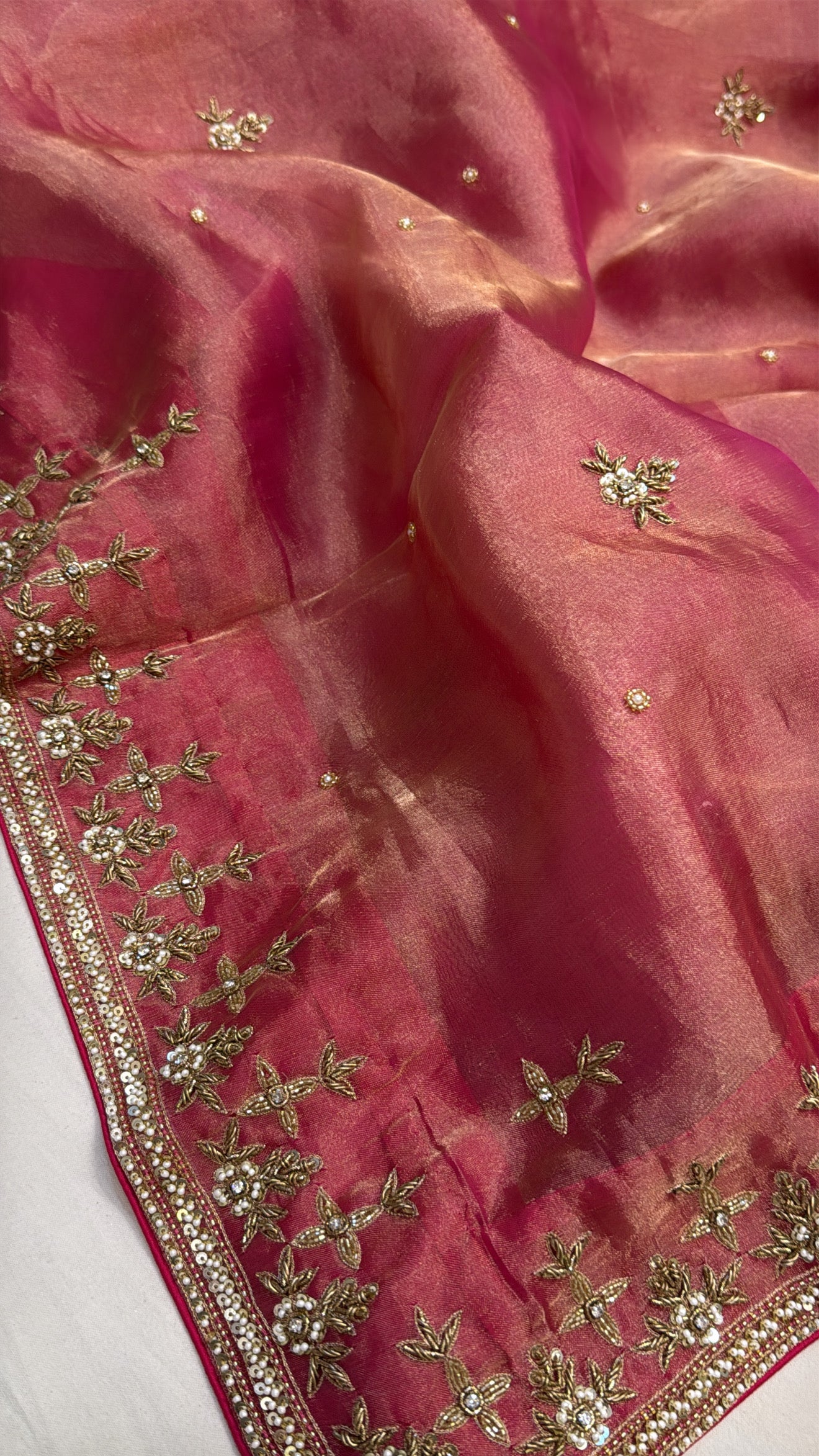 Cranberry rani pink husn tissue silk hand embroidered saree